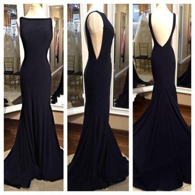Bateau Neck Chiffon Dress Black Evening Dress Long Backless Open Back Cheap Price Fashion Designer
