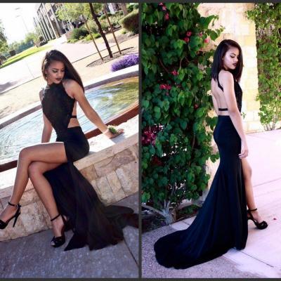 Black Prom Dress Halter Neck Backless Side Cutaway 2016 Split Evening Dress Appliques Formal Dress Fashion