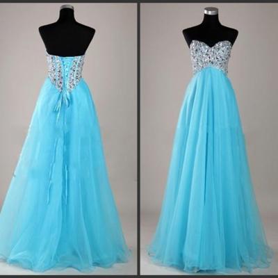 Blue Prom Dress Long Sequins Dress Lace Up Back Floor Length Sweetheart Neck Crystals Major Beadings 2016 Bling Dresses