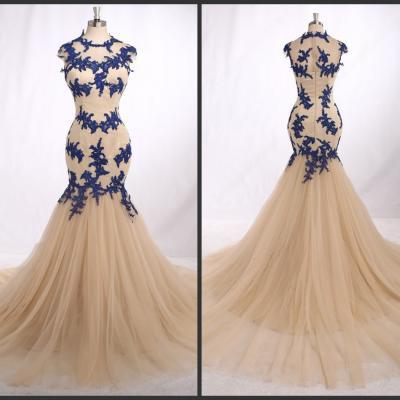 China Tradition Style Long Prom Elegant Jewel Neck Capped Sleeve Sweep Train Tulle Dress With Blue Appliques Good Sell Best Design