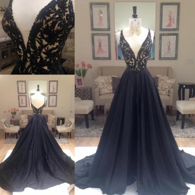 Black Chaple Train Long Prom Dress Deep V Neck Sleeveless Major Beadings Custom Made Free Shipping High Quality Elegant Party Gown