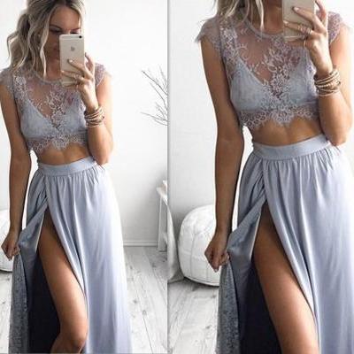 Split Evening Dress With Beautiful Lace Modern Two Pieces Dress Jewel Neck Capped Sleeve Appliques Above Sexy Style Cheap Prom Dress