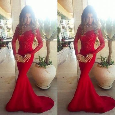Sexy Evening Dress Long Sleeve Red Prom Dress Lace Dress 2016 Sheath Style Mermaid Sweep Train Red Carpet Dresses Formal Gown Cheap
