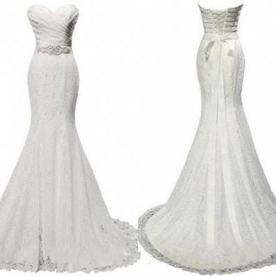 White Lace Wedding Dress Long Mermadi Style Sweetheart Neck Sleeveless Lace Up Back Slim Sweep Trian Sexy Elegant 2016 High Quality