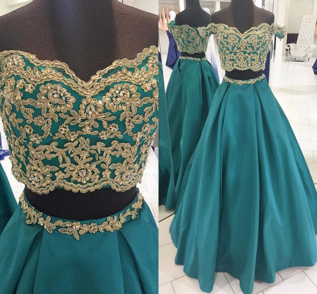 Emerald Green Two Pieces Prom Dresses Off Shoulder Lace Applique Beads Backless Satin A-line Evening Dress With Pocket