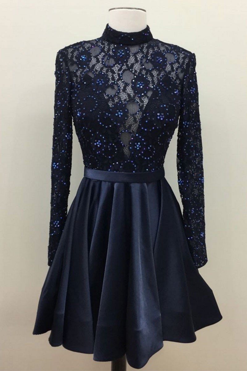 Sheer Long Sleeve Short Prom Dresses Lace Satin Crystal Beads Sequins Jewel See Though Back Homecoming Dresses