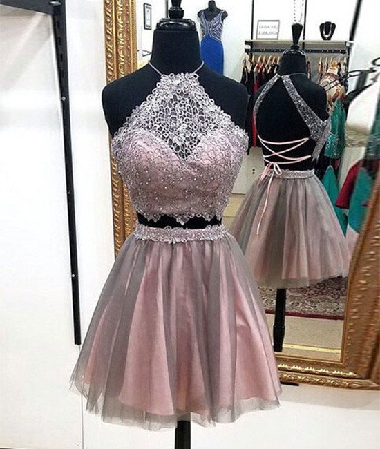 Silver Homecoming Dresses Two Pieces Halter Open Back Lace Sequins Beaded A-line Graduation Dress Short Prom Dresses 2018