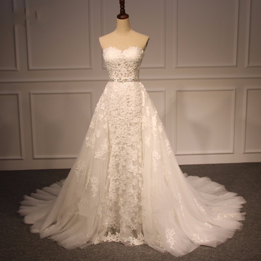 Detachable Train Strapless Wedding Dresses,lace Bridal Dresses,wedding Gowns