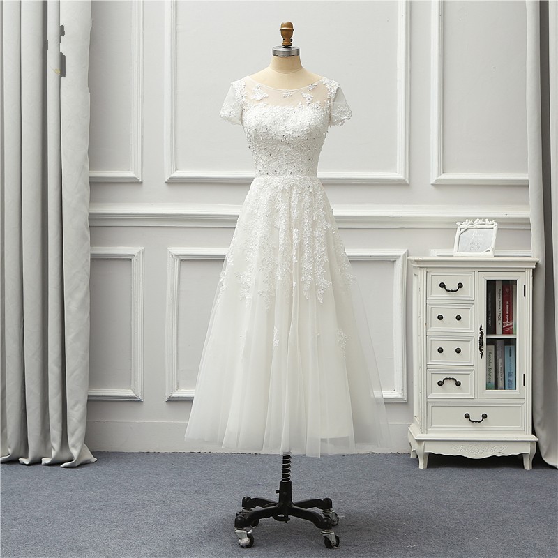 Tea Lengh Wedding Dresses,short Sleeve Bridal Dresses,lace Wedding ...