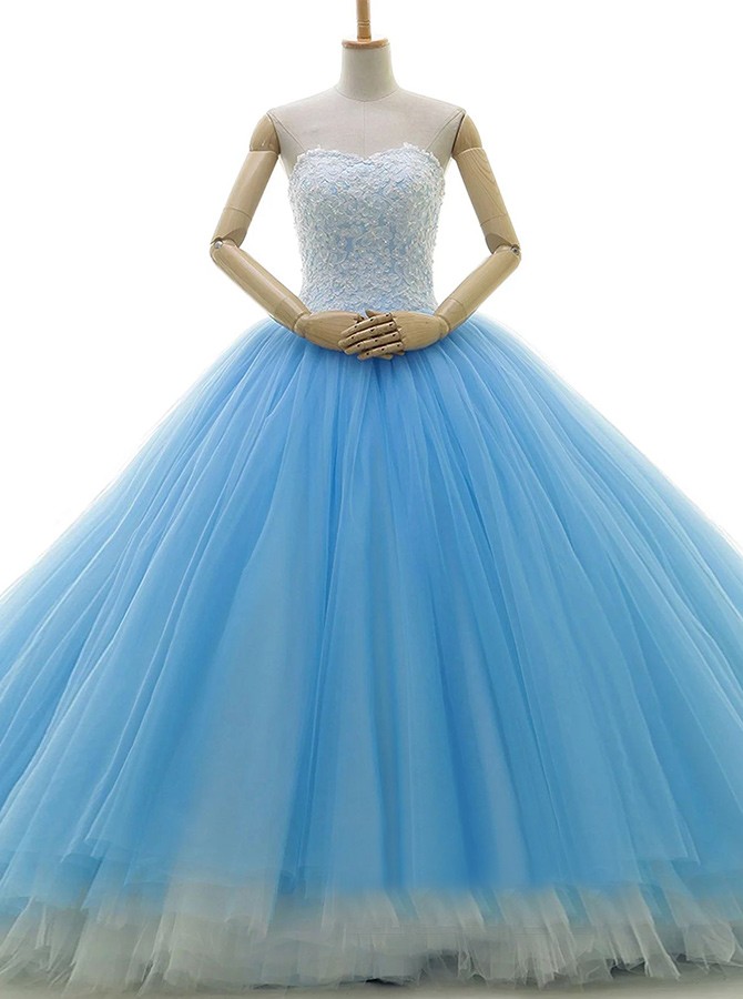Strapless Quinceanera Dresses,white And Blue Prom Dresses Ball Gown,lace Graduation Dresses