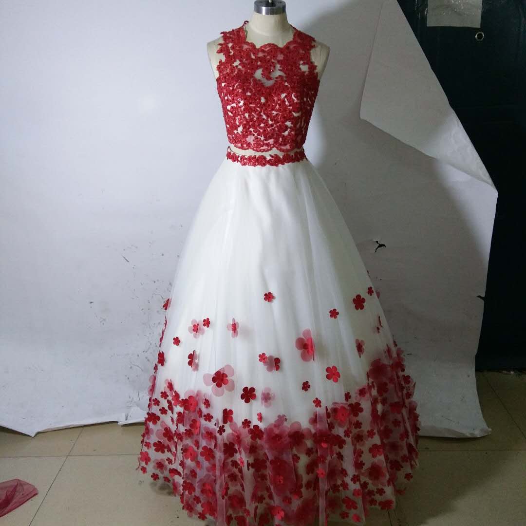 Real Image Quinceanera Dresses,two Pieces Ball Gowns Prom ,red Lace Beaded Quinceanera Dress,hand Made Flowers Graduation Dress