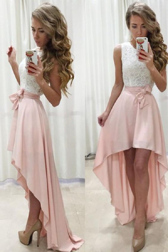 Sweet Hollow Jewel Prom Dresses With Bow Sash Hollow Sleeveless Lace Evening Gowns Hi-lo Party Formal Dress Special Occasion Dress Simple Dress