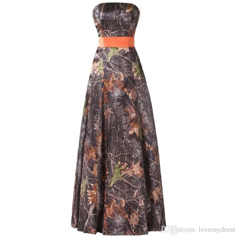 Camo Dresses For Bridesmaid Strapless Orange Ribbon Strapless