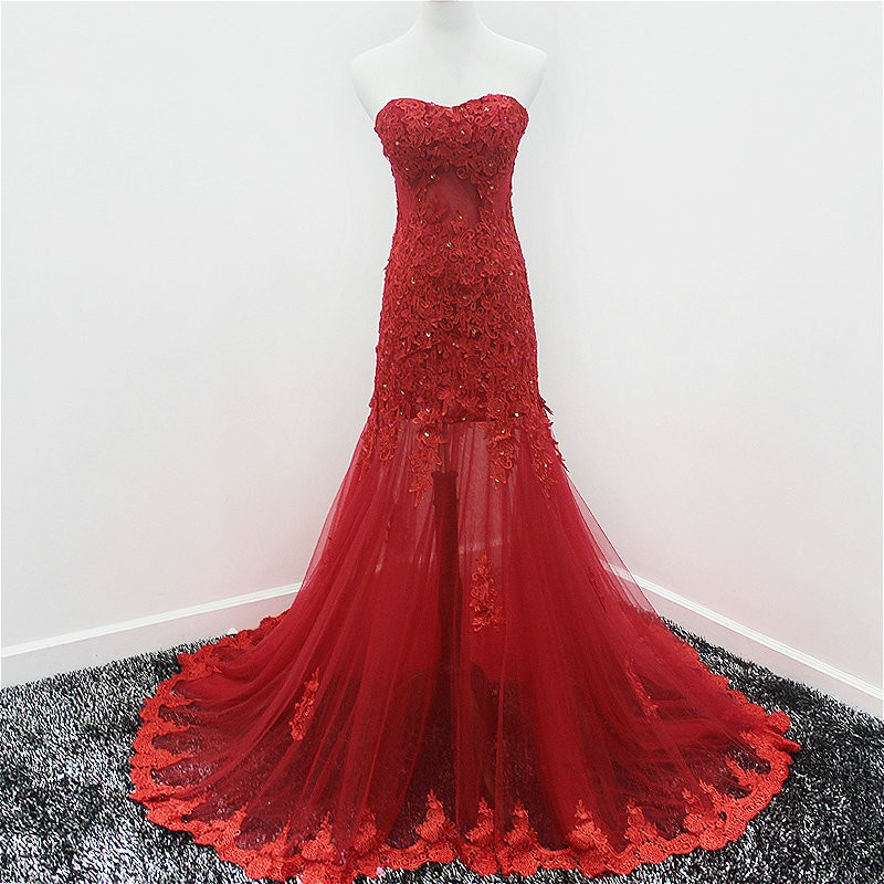 Red Lace Mermaid Evening Formal Dresses Strapless Applique Beaded Sequin Tulle Prom Dress Special Occasion Dress Women