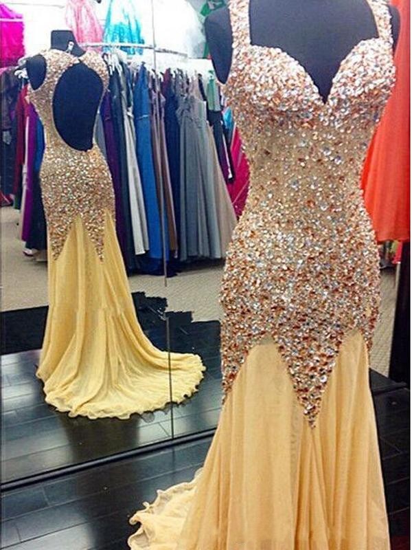 Luxury Gold Crystal Beaded Champagne Prom Dresses Spaghetti Keyhole Backless Pageant Dress Sexy Evening Gowns Formal Dress