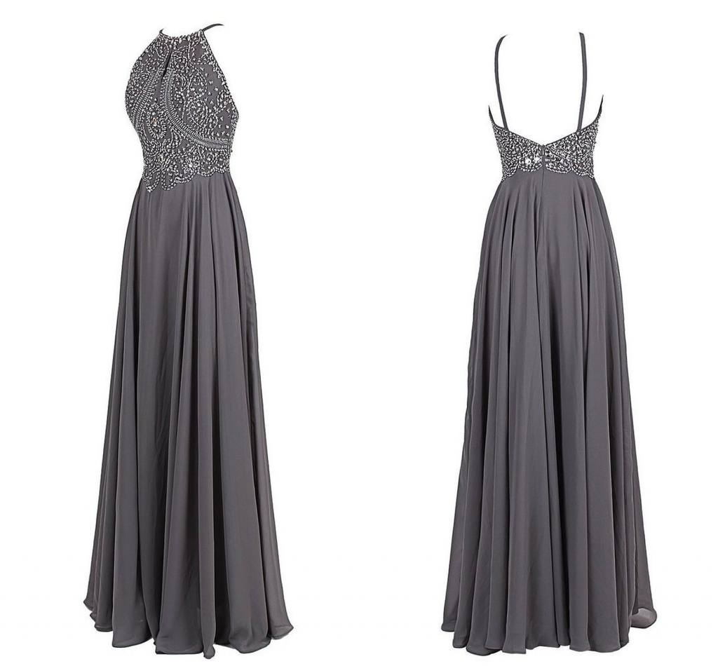 Grey Floor-length Halter Neck Prom Dress With Beaded Bodice