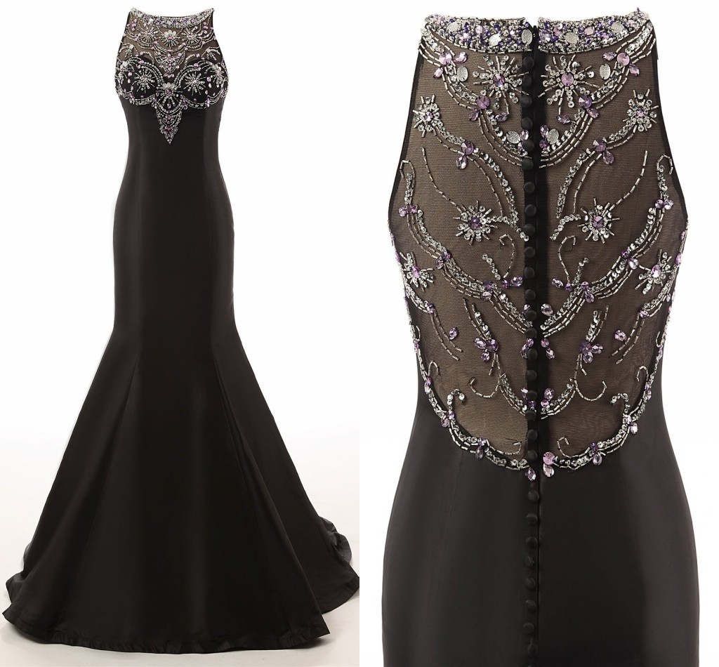 Beautiful 2018 Black Mermaid Prom Dresses Crystal Floor Length Sheer Back Neck Satin Fabric Evening Dresses Long Formal Pageant Prom Dress 2016