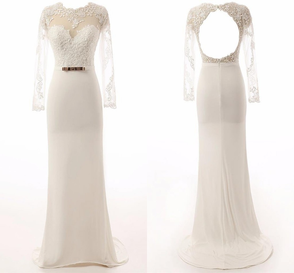 2018 Illusion Long Sleeves Mermaid Wedding Dresses Applique Lace Ribbon Sheer Neck Jewel Neck Long Bridal Dress Wedding Gowns Real Image