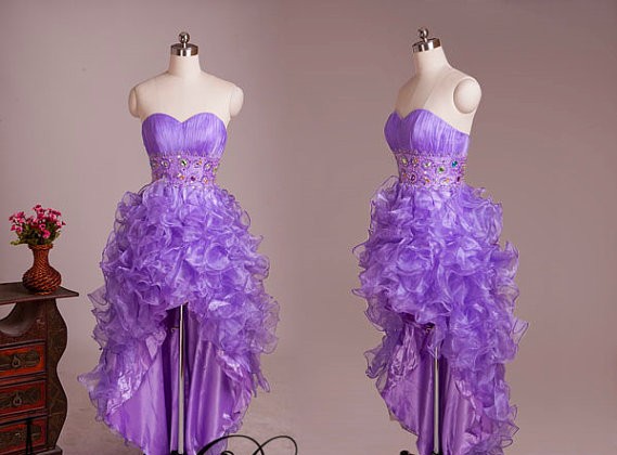 Amazing High Low Prom Dresses Purple Ruffles Sweetheart Rhinestones Ribbon Pleated Hi-lo Evening Party Formal Dresses Gowns 2017