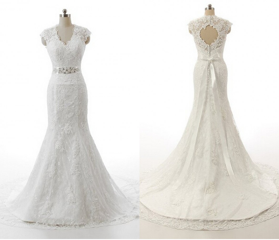 V Neck Sleeveless Lace Mermaid Wedding Dress Featuring Cutout Back
