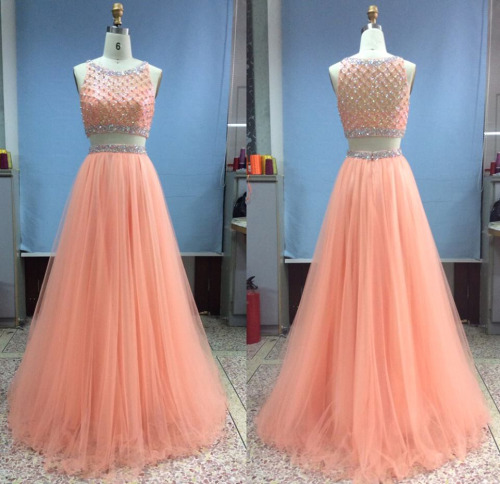 Amazing 2017 Peach A Line Two Pieces Prom Dresses Rhinestones Crystal