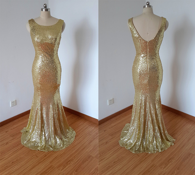 Modest Gold Mermaid Bridesmaid Dresses 2017 Jewel Neckline Sequin Fabric Fashion Designer Backless Party Formal Gowns Prom Dresses