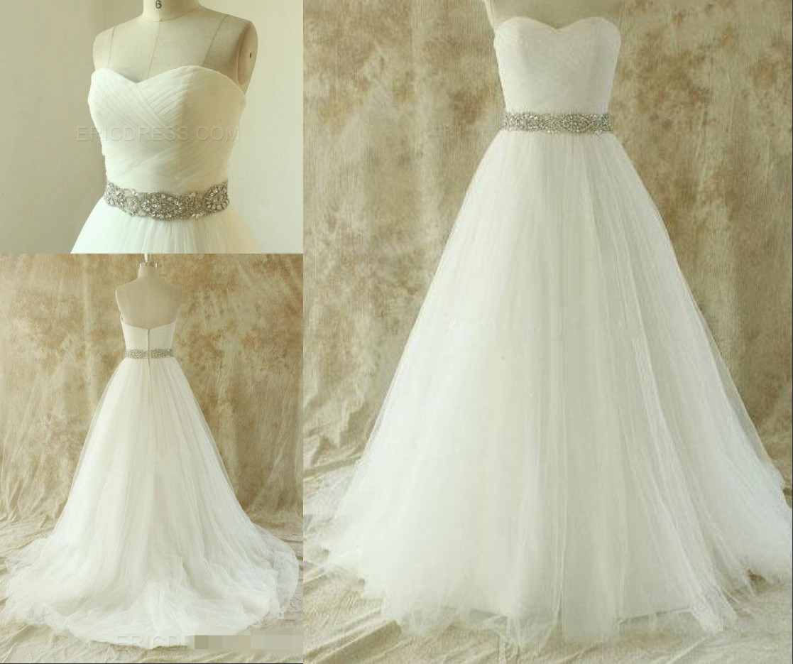 Bling Rhinestones Ribbon Sweetheart Wedding Dresses Pleated Tulle