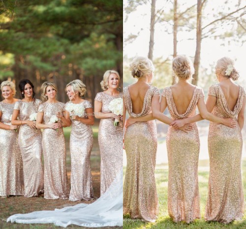 Gold Sequins Bridesmaid Dresses 2018 Backless Scoop Collar Sweep Gold Sequins Bridesmaid Dresses 2018 Backless Scoop Collar Sweep Train Short Sleeve Sparkly Formal Prom Gowns Evening Dress Wedding