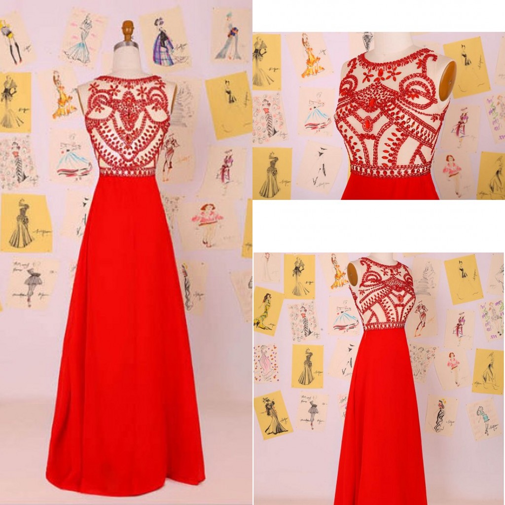 A-line Scoop Floor Length Chiffon Red Prom Dress With Rhinestons Jewel Collar High Quality High Quality Couture Red Carpet Dress Formal Gown