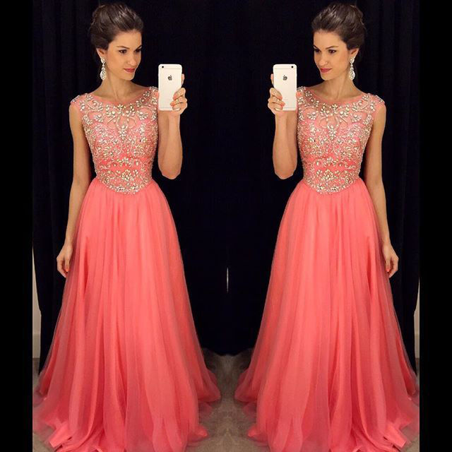 Luxury Coral Prom Dresses With Cap Short Sleeves 2016 A Line Tulle Evening Dresses Long Crystal Rhinestones Beading Backless Party Dress Formal