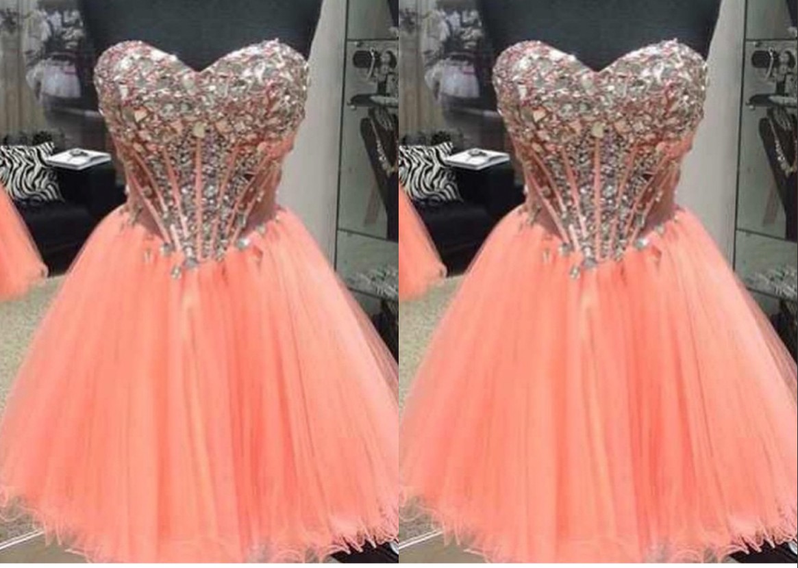 2018 Homecoming Dresses Crystal Bodice Sweetheart Corset See Through Prom Dresses ,a Line ,tulle , Rhinestones , Short Prom Dresses