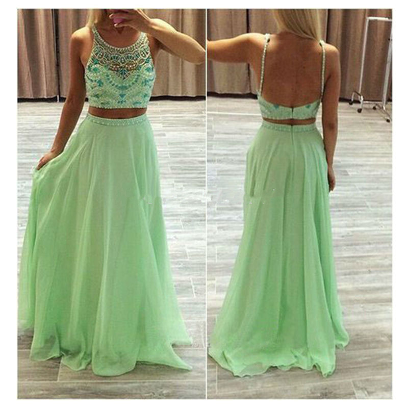 Green Long Prom Dress Backless Chiffon Dress Two Pieces Dress Crystals Pearls 2016 Open Back Scoop Neck Sleevelss Party Gown