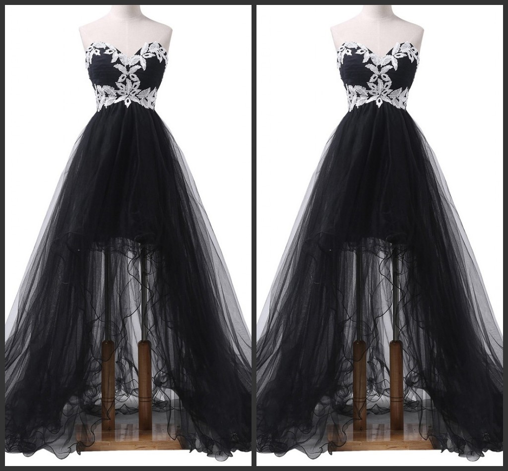 Black Strapless Tulle Prom Dress With High Low Hem And White Lace