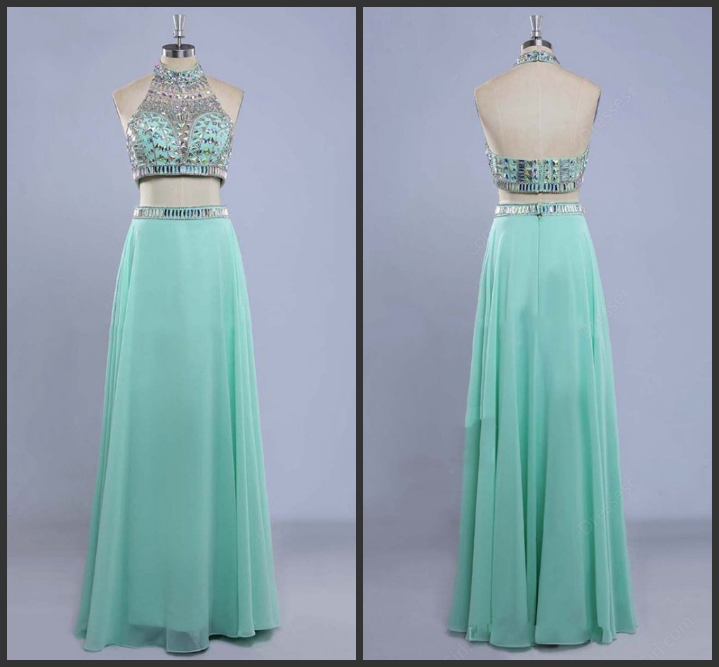 Green Dress Halter Neck Beautiful Floor Length Two Pieces Dress 2016 Full Crystals Backless Open Back Sexy Party Dresses