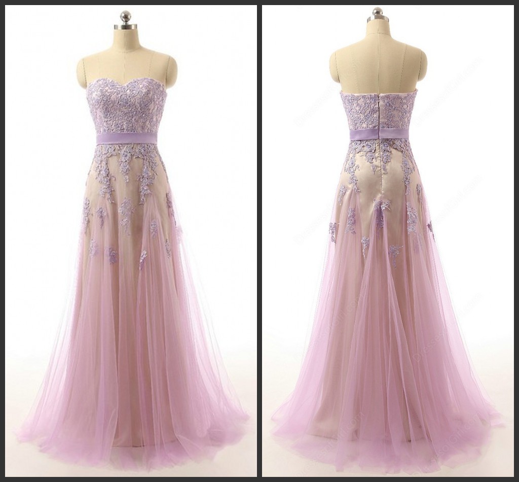 2016 Prom Dress Pink Dress With Light Purple Appliques Aline Style Zipper Back Sweetheart Neck Tulle Gown Elegant Pageant Dress Long Homecoming