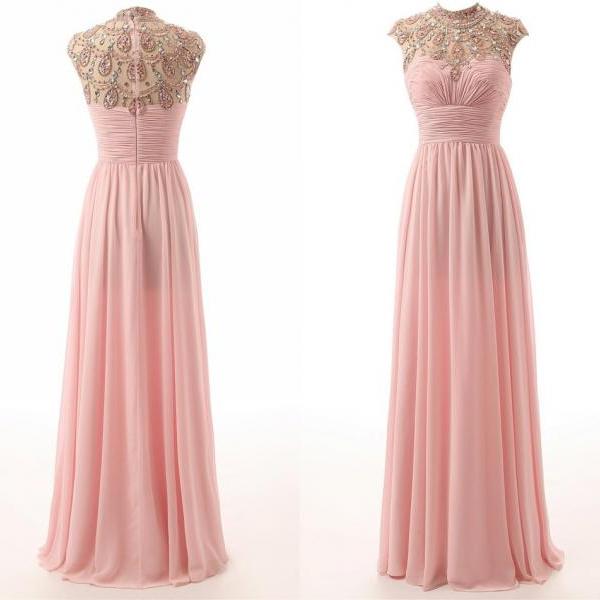 Blush Pink Chiffon FLoor Length Prom Dresses Cheap High Neck Crop Sheer ...