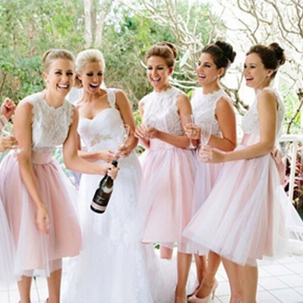 2018 Tea Length Bridesmaid Dresses Ball Gown Lace Tulle Jewel 2018 Tea Length Bridesmaid Dresses Ball Gown Lace Tulle Jewel Ribbon Bow Short Wedding For Bridesmaids Party Dress