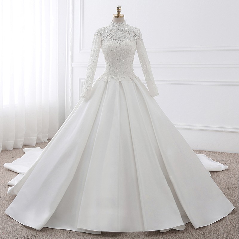 High Neck Long Sleeve Wedding Dresses Ball Gown satin Skirt Wedding Gowns lace Dresses On Luulla