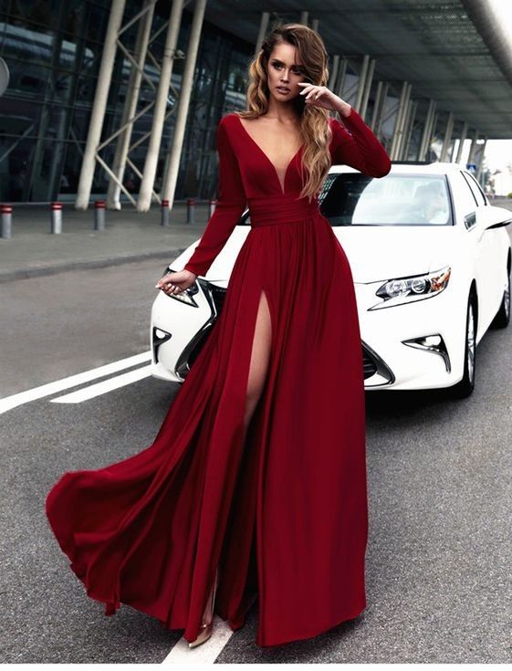 Red Long Sleeve Winter Formal Dress