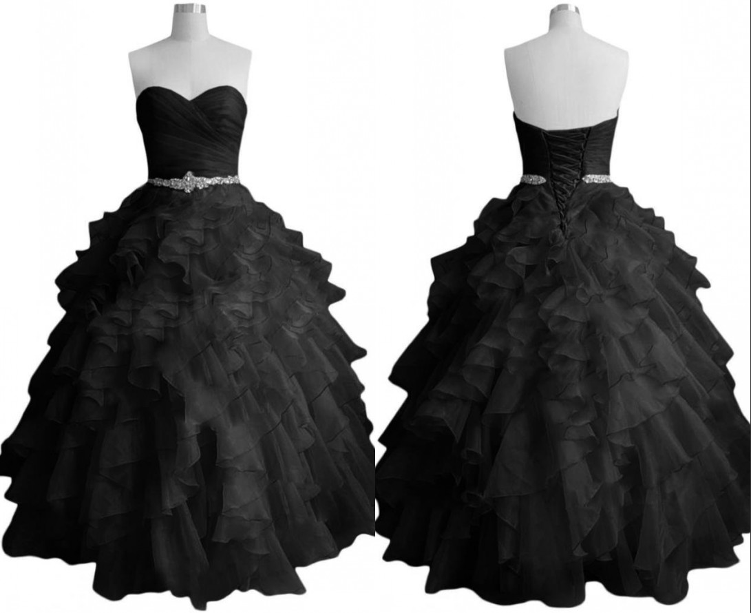 Amazing Black Ball Gown Prom Dresses 2018 Sweetheart Organza Ruffles