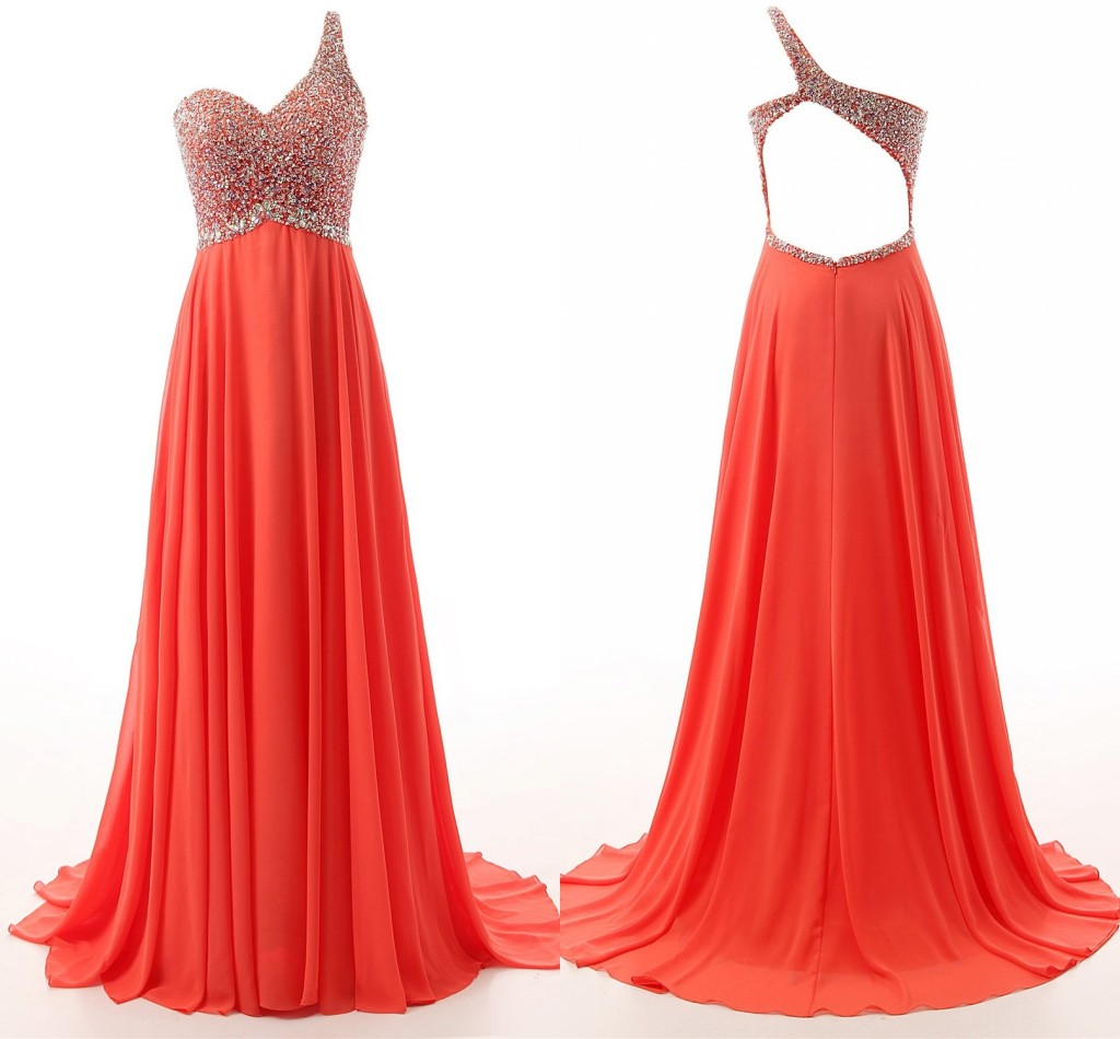 Sparkly One Shoulder Chiffon 2017 Prom Dresses Long Cheap Crystal