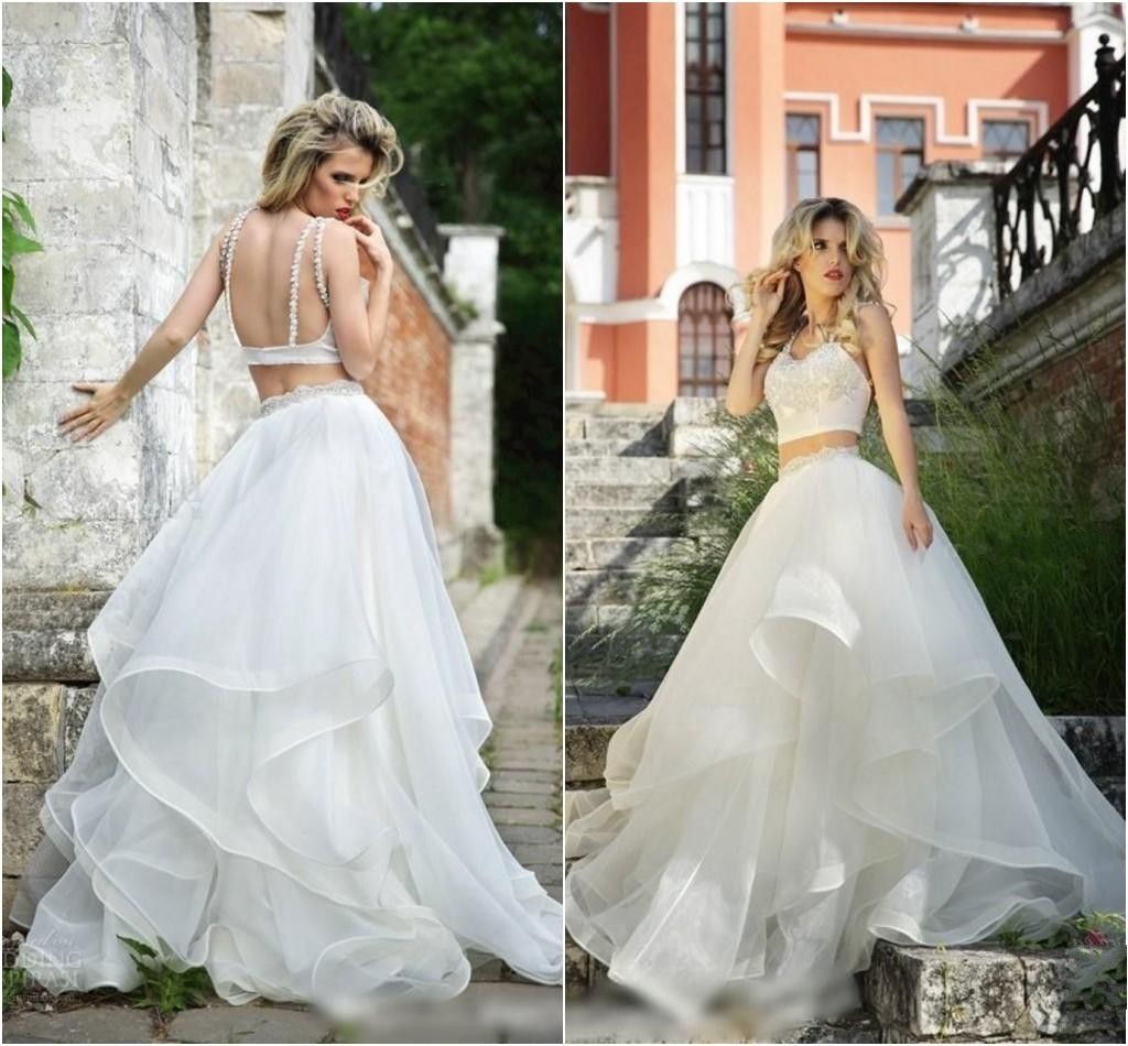 20167 Two Pieces Wedding Dresses Backless Tiered Skirt 20167 Two Pieces Wedding Dresses Backless Tiered Skirt Dress High Fashion Bridal Gowns Vestidos Sweep Train Piping Modern New