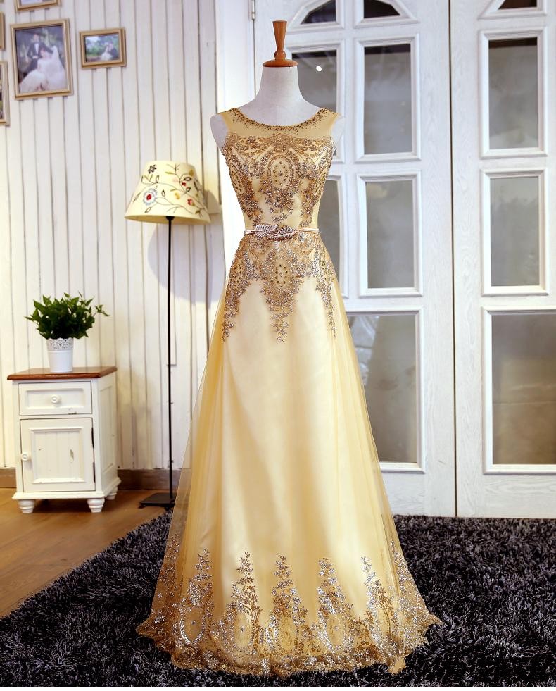 Golden Prom Dress With Beading Pearls Iullsion Neck Zipper Back Bling Dress Aline Crystals